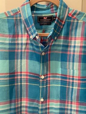 Vineyard Vines Teal and Pink Plaid Button-Down Shirt